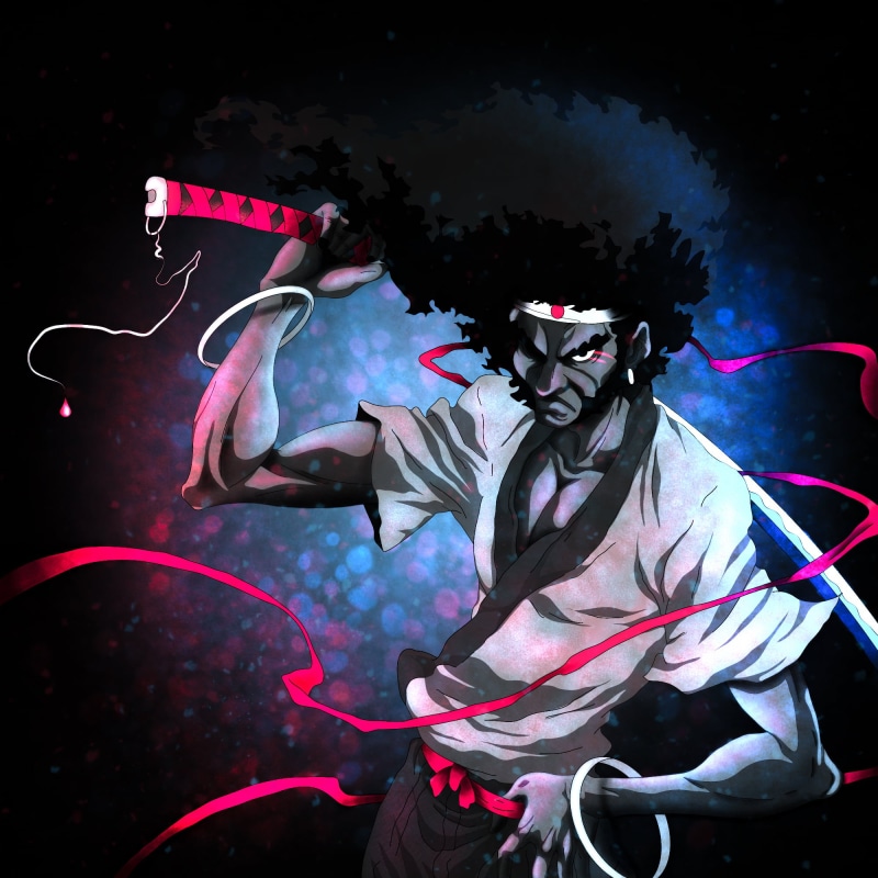 blue, warrior, neon, 1080P, dark background, Afro Samurai, katana, manga, samurai, pink, manga sketch, dark, anime