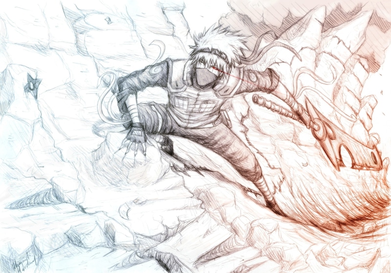 red, drawings, eyes, hatake, kakashi, anime, art, naruto, shippuden, sketches, 2K, swords, manga, shuriken, destruction, hd