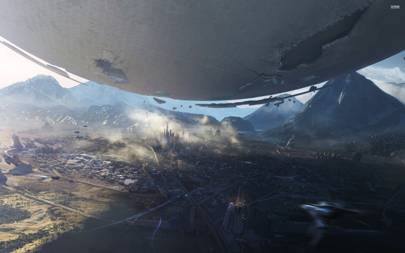 outdoors, tranquil scene, digital art, aircraft, snow, scenics - nature, no people, tranquility, Destiny (video game), nature, mountain, mode of transportation