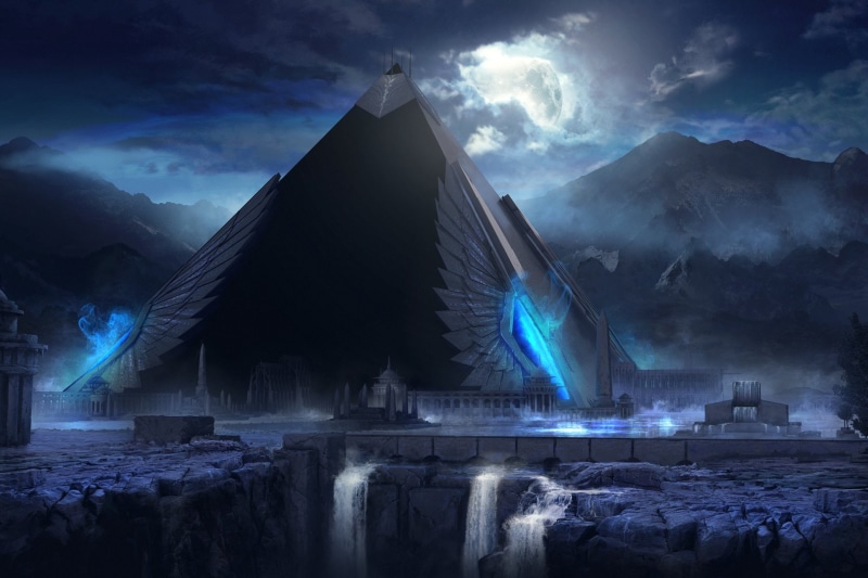 scenics - nature, blue, environment, motion, Pyramid, built structure, Egyptian, water, mountain, power in nature, no people, sky, architecture, illuminated