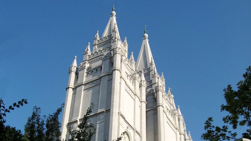 outdoors, religion, architecture, building, spirituality, built structure, belief, gothic style, sky, blue, building exterior, Mormon, tower, no people