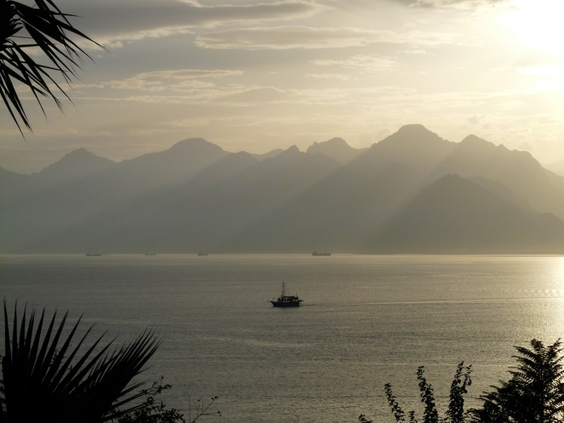 silhouette, scenics - nature, idyll, mode of transportation, antalya, turkish riviera, sea, mountains, tranquil scene, nautical vessel, sailboat, ocean