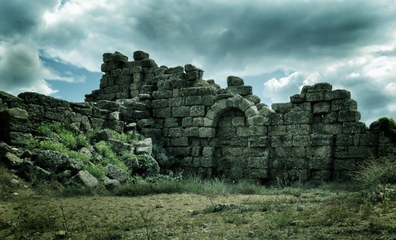 no people, side, turkish riviera, grey, cloud - sky, tree, building, nature, travel destinations, landscape, land, archaeology, deterioration, ruined, stonewall