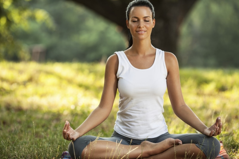 grass, nature, bare shoulders, meditation, tank top, closed eyes, brunette, smiling, long hair, landscape, 720P, sitting, women, barefoot, legs crossed