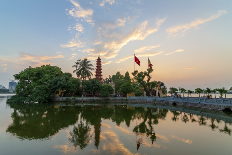 water, sunset, lake, waterfront, cloud - sky, tran quoc pagoda, flag, 5K, hanoi, tranquility, old pagoda in hanoi, plant, architecture, reflection, built structure