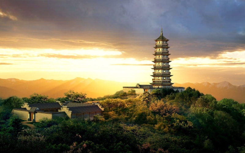 spire, building exterior, pagoda, digital art, sky, belief, temple, orange color, vector graphics, tree, painting, built structure, cloud - sky, religion