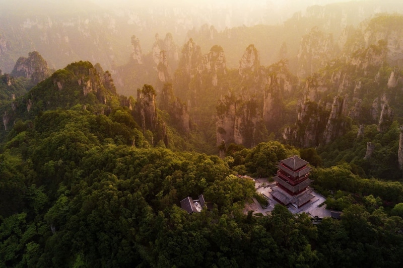 trees, pine woodland, fog, sunlight, tranquil scene, mountain, aerial view, pagoda, mountains, landscape, architecture, land, 720P, plant, forest, outdoors