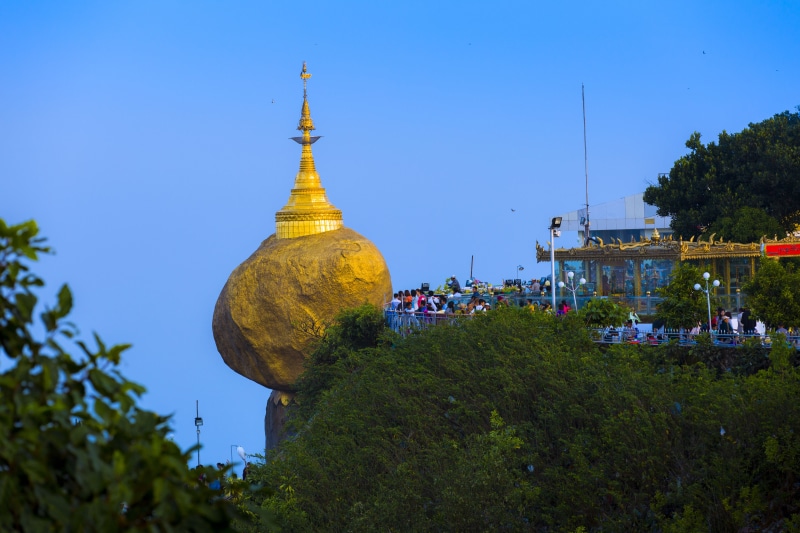 tower, building, blue, temple, clear sky, plant, nature, yangon, landmark, golden, burma, religion, tree, sky, building exterior, buddhism, pagoda, no people