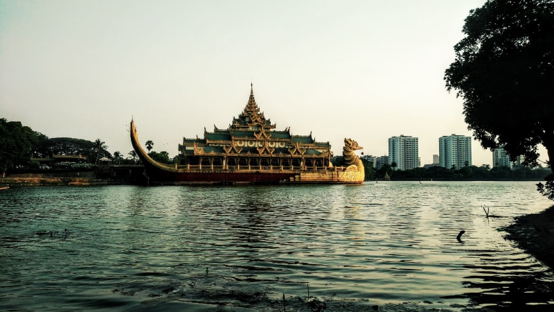 river, 4K, building, no people, waterfront, sky, religion, boat, built structure, tree, architecture, kandawgyi lake, yangon, plant, yangon attraction