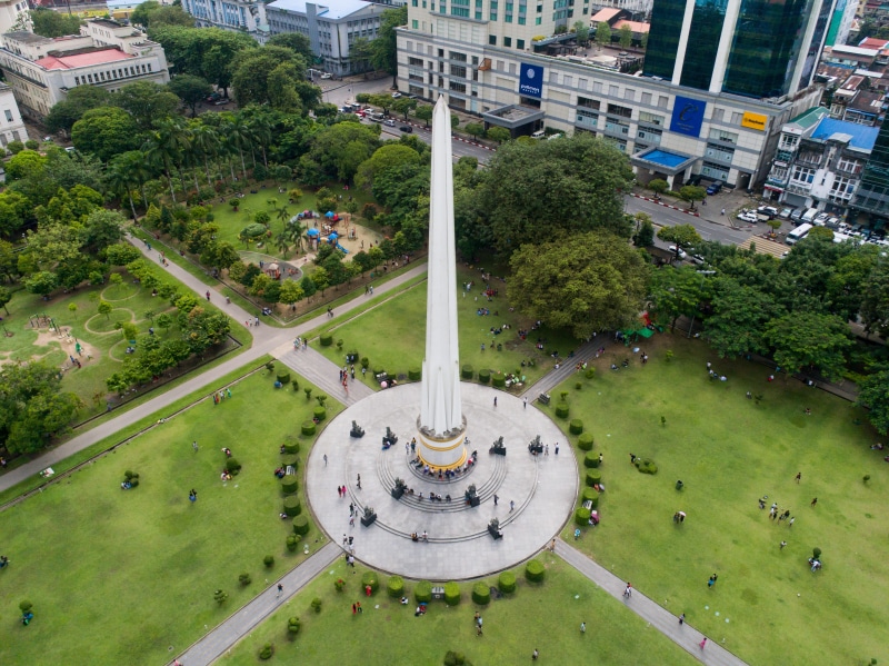 motor vehicle, city, maha bandula park, 4K, grass, travel destinations, fountain, incidental people, land vehicle, monument, built structure, architecture