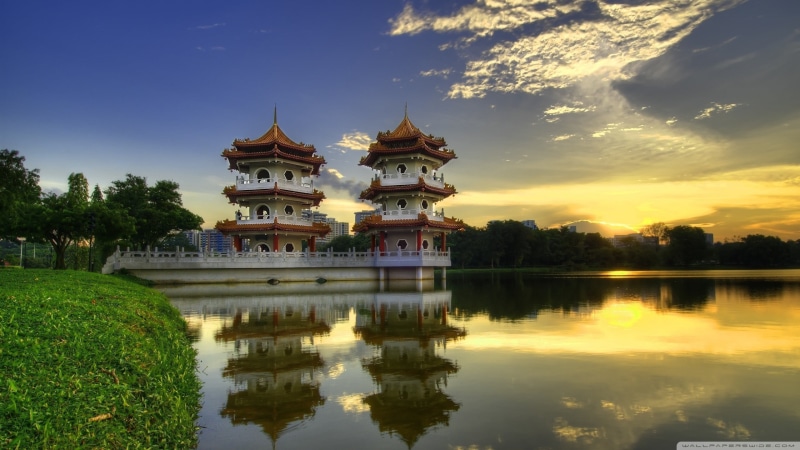forest, building, place of worship, Singapore, water, spirituality, plant, lake, Asian architecture, trees, tree, reflection, sunset, 2K, waterfront, grass