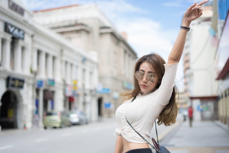 hair, arms raised, young women, architecture, young adult, Asian, brown hair, portrait, 1080P, fashion, women, model, casual clothing, hairstyle, one person