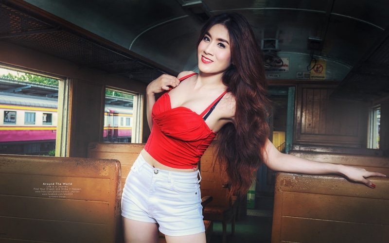 one person, young adult, smiling, women, indoors, hairstyle, Asian, Thailand, three quarter length, train, real people, 1080P, young women, beauty, long hair
