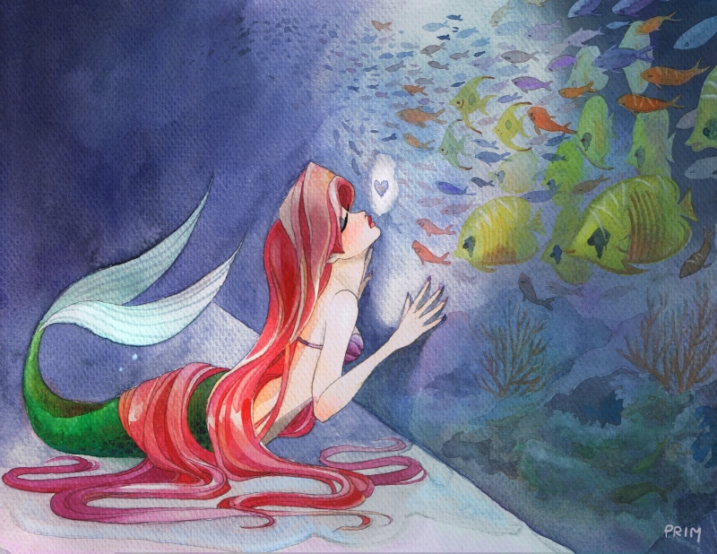 paint, cartoon, still life, craft, indoors, The Little Mermaid, painted image, close-up, painted, art and craft, blue, animal themes, multi colored, paintings