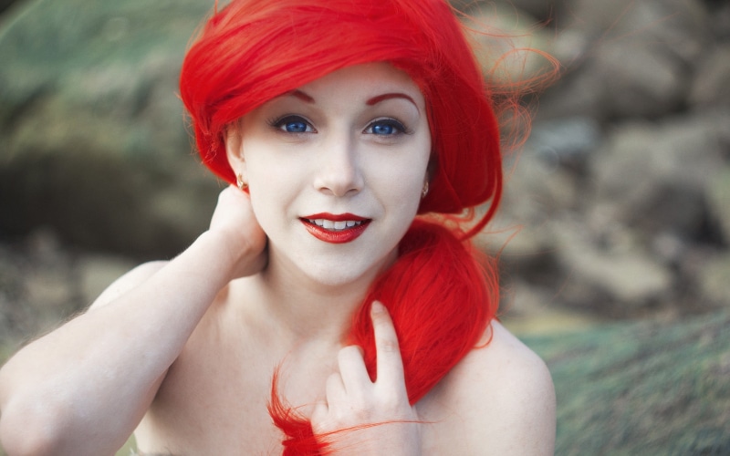 beautiful woman, headshot, smiling, red, The Little Mermaid, dyed hair, beauty, fashion, nature, make-up, looking at camera, hairstyle, adult, cosplay