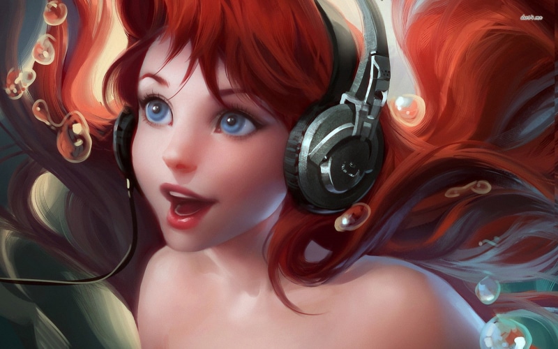 720P, The Little Mermaid, headphones, soft shading, Sakimichan, Disney princesses, fantasy art