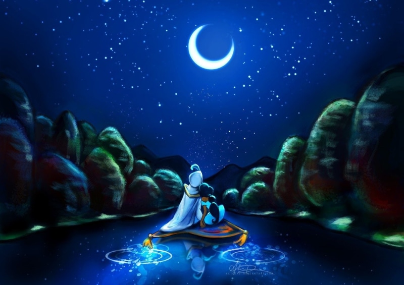 aladdin, 720P, carpet, night, stars, jasmine, sky, artwork, rivers, company, princess, alice, moon, flying, disney