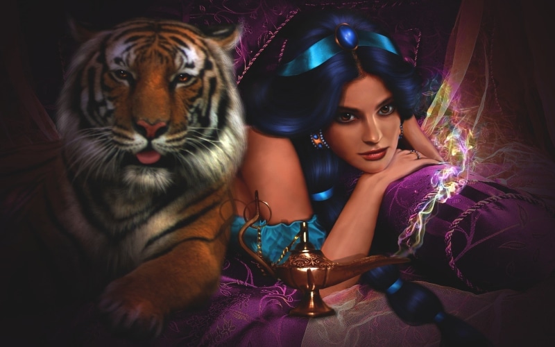 company, jasmine, 1920x1200, wallpa, aladdin, movies, entertainment, 1080P, lamps, paintings, disney, princess, film, tigers, genie