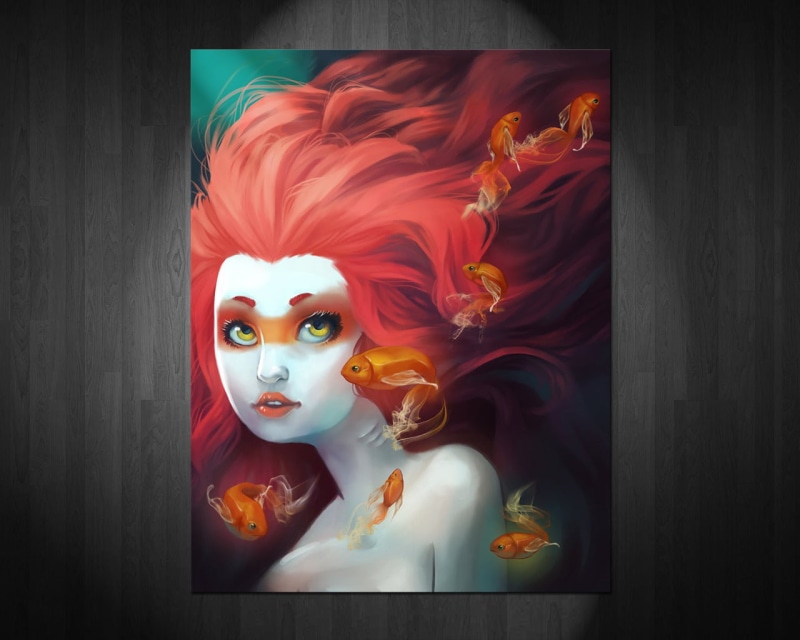 drawing, portrait, face, redhead, 720P, fish, little, digital/artwork, ariel, wood, hd, the, mermaid