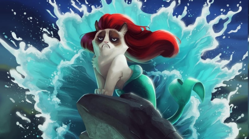water, red, nature, real people, Disney, blue, swimming, humor, The Little Mermaid, representation, underwater, day, Grumpy Cat, one person, lifestyles