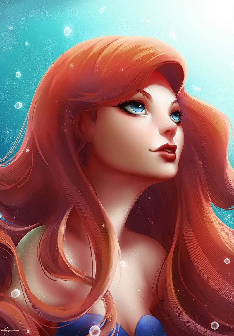 fanart, disney, underwater, hair, mermaid, the, ariel, little, water, red, 1080P, princess