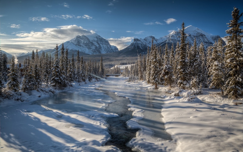 mountain, temple, canada, river, mount, trees, 1080P, forest, winter, snow