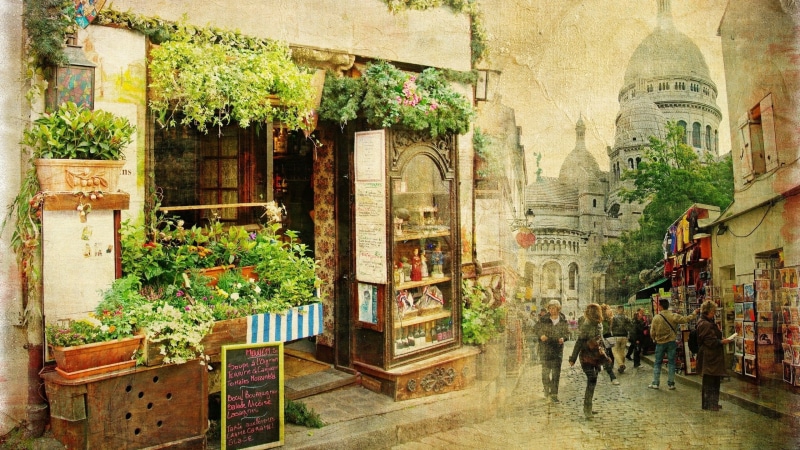 restaurant, cathedral, street, Sacre-Coeur, town square, flowers, France, Europe, old building, architecture, Tourism, painting, cityscape, Photoshop, crowds