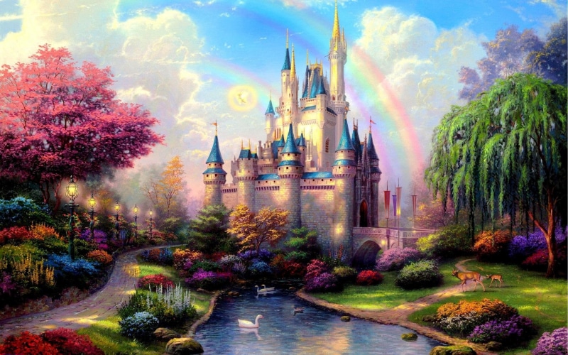Tree, Castles, Bush, Swan, Fantasy, 1080P, Castle, Colorful, Cinderellas castle, River