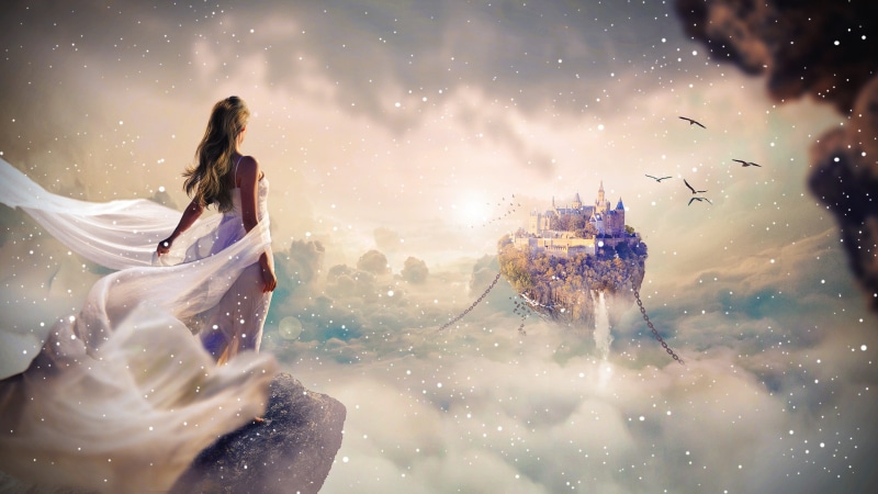 three quarter length, girl, castle, photo montage, art, event, lifestyles, magic, fashion, nature, beautiful woman, dress, young adult, novel, water, women
