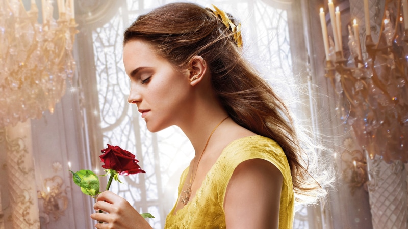 movie, Disney, 5K, hana, flower, Beauty and the Beast, Emma Watson, monster, film, dress, cinema, love, blonde, girl, rose