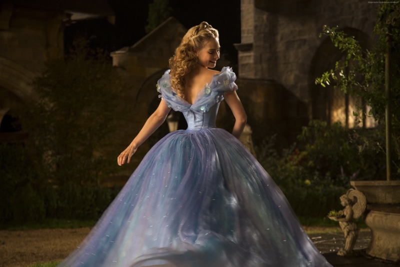Lily James, blonde, Richard Madden, film, Ella, Cinderella, 2K, fog, blue dress, Prince Charming, romantic, Helena Bonham Carter, The Fairy Godmother