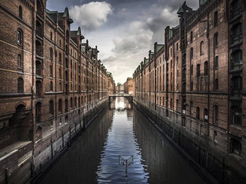 art, city, holiday, hamburg, railing, epic, brown, reflection, modern art, symmetry, buildings, warm, big city, sky, sunset, mood, old, quiet, wave, building