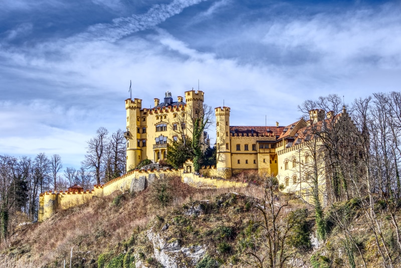 imposing, outdoors, the past, architecture, füssen, built structure, historically, tree, germany, 5K, plant, castle, fairy castle, allgäu, hdr, travel destinations