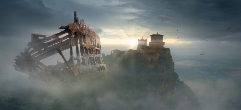 5K, fantasy, city, castle, mystery, fantastic, composing, mystical, building, photo montage, architecture, building exterior, sky, mysterious, industry
