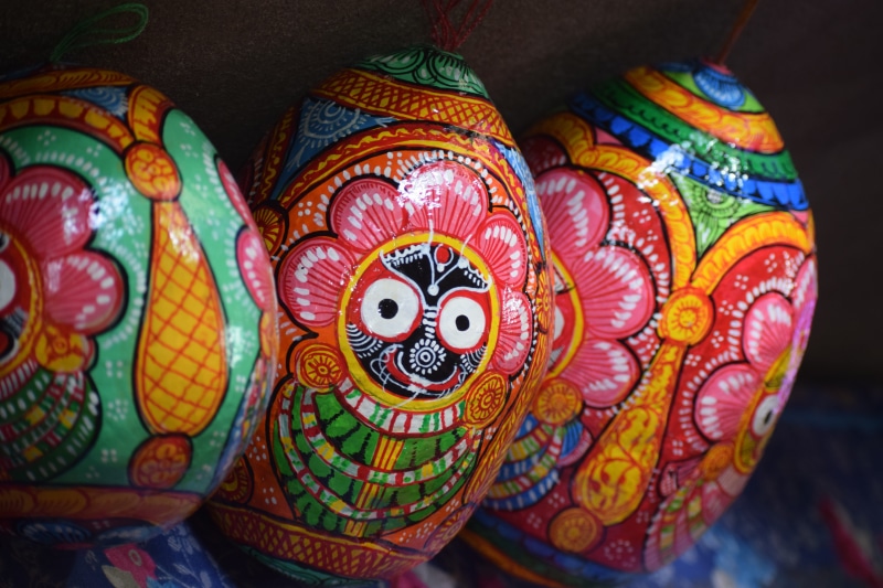 tourism, festival, orissa, for sale, retail, odisha, art and craft, representation, floral pattern, indoors, raghurajpur, painting, multi colored, india