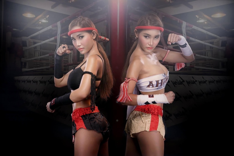 kickboxing, clothing, front view, adult, 1080P, two people, people, young women, beautiful woman, indoors, Asian, lifestyles, hairstyle, shorts, fashion