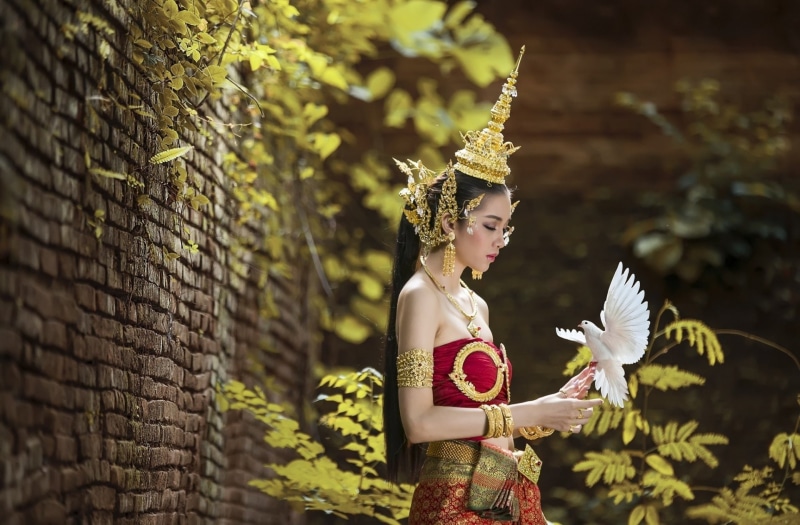 arts culture and entertainment, headwear, beauty, young women, young adult, holding, Dove, Women, three quarter length, clothing, headdress, traditional clothing