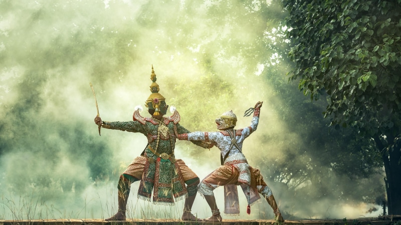 thai art, architecture, arms raised, day, tree, religion, outdoors, nature, belief, human arm, sky, mythology, legend, plant, theater, tradition, statue