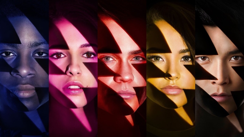 Naomi Scott, multiple image, looking at camera, Mighty Morphin Power Rangers, human body part, Power Rangers, variation, front view, studio shot, digital composite