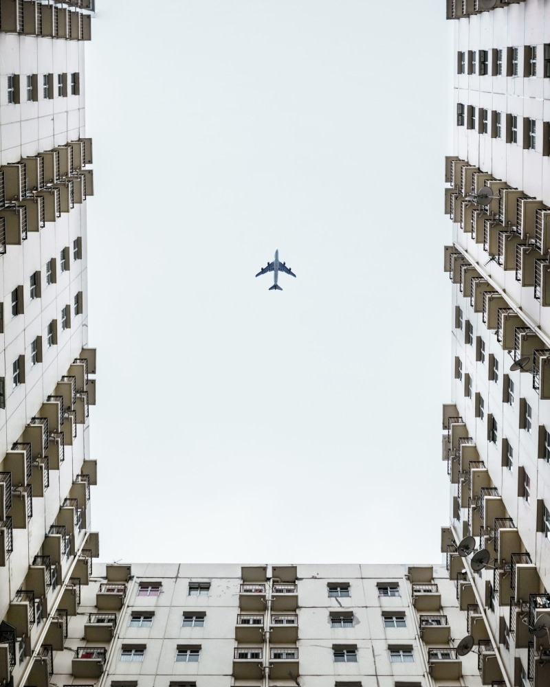 built Structure, street, outdoors, skyscraper, wing, modern, view, bandung, vehicle, airplane, frame, window, downtown District, way2ill, looking up, cityscape