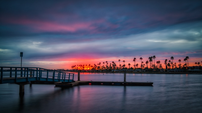 aurora, Sunset, water, Bay  Bay, coast, night, Palm Tree, coastal, 8K, hdr, bridge, sony a7rii, harbor, reflection, sea, body of water, Pacific  Ocean