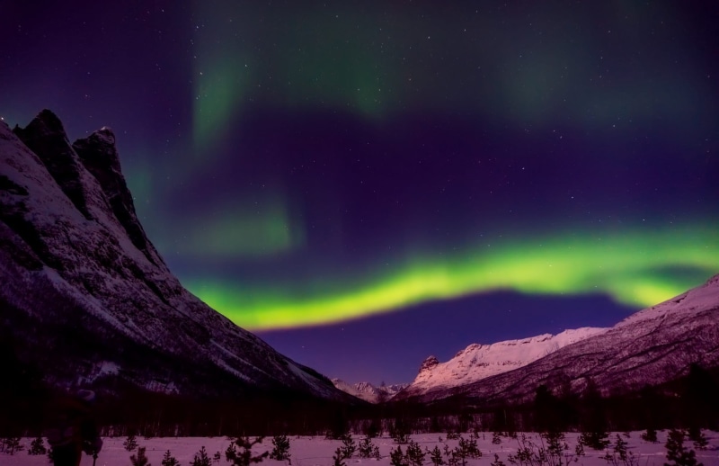atmosphere, purple, green color, snowcapped mountain, woods, winter, norway, northern lights, sky, aurora, tranquility, mountain, country, nighttime, wilderness