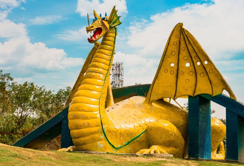 japan, chandigarh, trees, field, representation, japanese tower, art and craft, cloudy, summer, day, land, dragon, leaf, landscape, ecology, animal representation