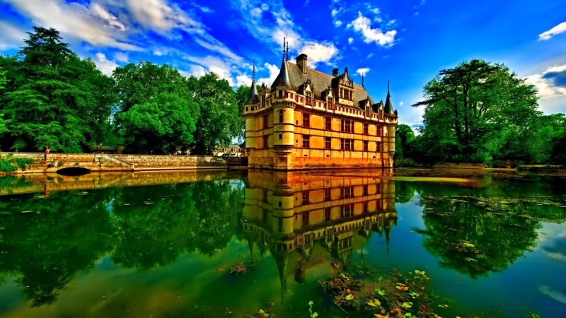 waterfront, built structure, nature, lake, castle, day, clouds, brown, standing water, house, architecture, travel destinations, tree, leaves, cloud - sky