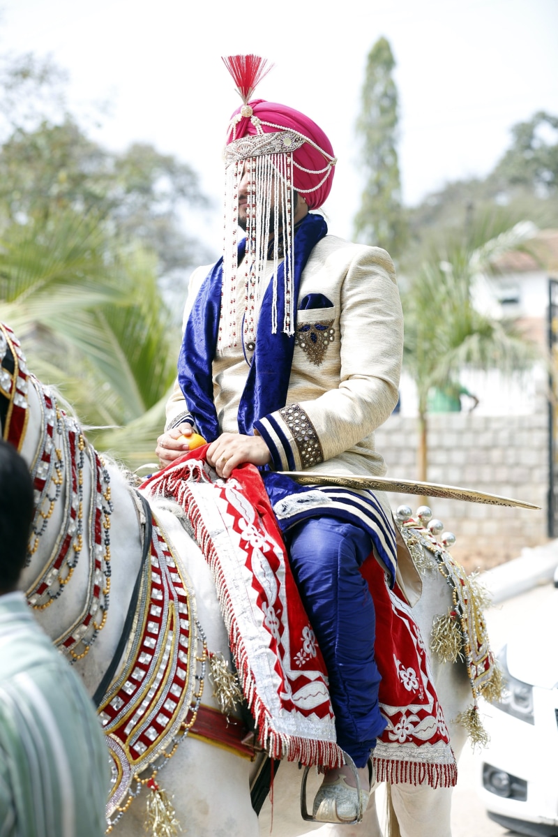 horse, ritual, ceremony, marriage, culture, domestic, india, men, real people, groom, lifestyles, livestock, women, decoration, turban, mammal, focus on foreground
