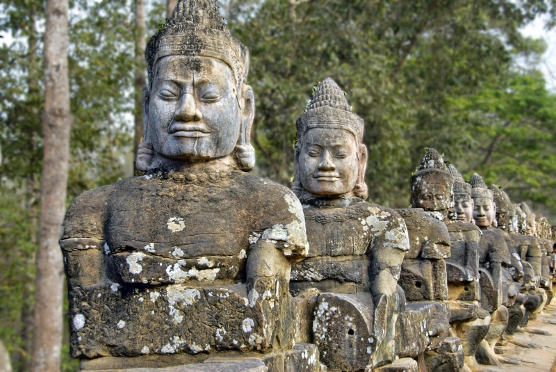 ancient history, belief, religious, siem reap, statues, place of worship, monument, tourism, sculpture, travel, near, the past, human representation, trees