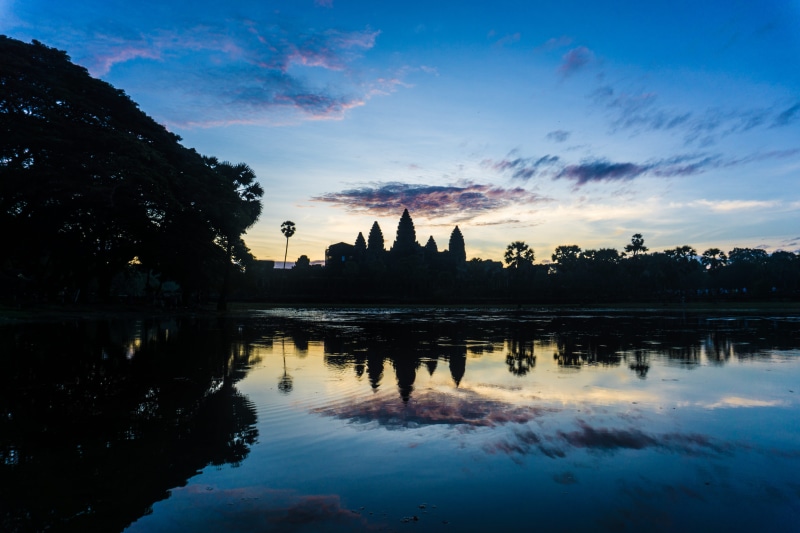 sunset, cambodia, tranquility, 5K, morning, waterfront, nature, architecture, reflection lake, sunrise, angkor wat, sky, first light, no people, travel destinations
