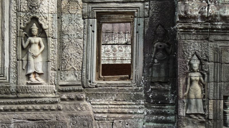no people, Cambodia, 1080P, the past, building exterior, carving, old, craft, archaeology, outdoors, representation, Statue, wall sculptures, built structure