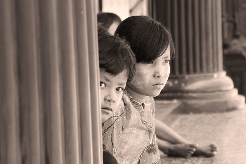 child, locals, togetherness, look, females, men, males, shwedagon pagoda north gate bus stop, bangs, sepia, childhood, looking at camera, leisure activity