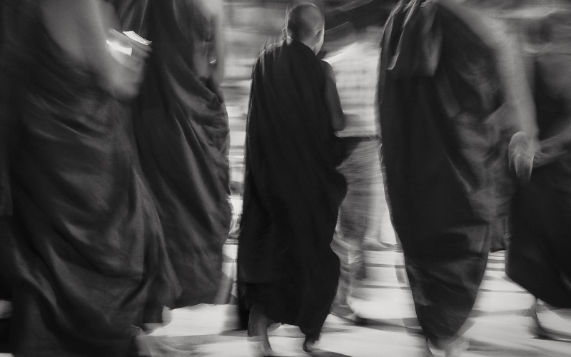 motion, bnw, indoors, yangon, shwedagon pagoda, city, buddhist, black and white, consumerism, slow shutter speed, clothing, monks, pagoda, shopping, burma